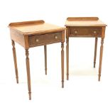 Pair of burr walnut and oak bedside tables, the cross banded top with ebonised string inlay over dr