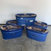 Five sets of three dark blue glazed terracotta plant pots, W58cm