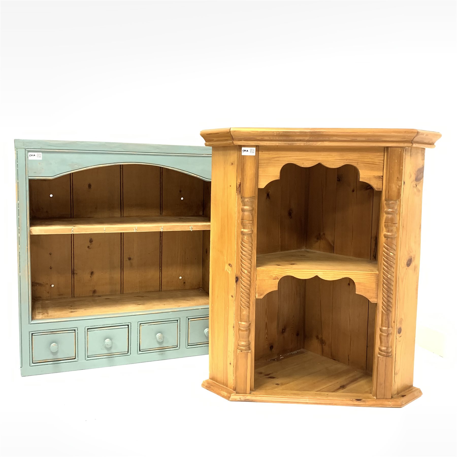 Painted pine wall rack with two open shelves over four spice drawers, (W74cm) and a pine wall hangi