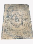 Contemporary shabby silk and wool ground rug, teal faded medallion and decoration on a grey field,