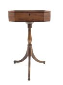 Regency mahogany tripod work table, octagonal cross banded top with ebonised string inlay lifting t