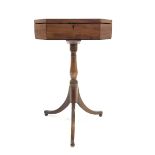 Regency mahogany tripod work table, octagonal cross banded top with ebonised string inlay lifting t