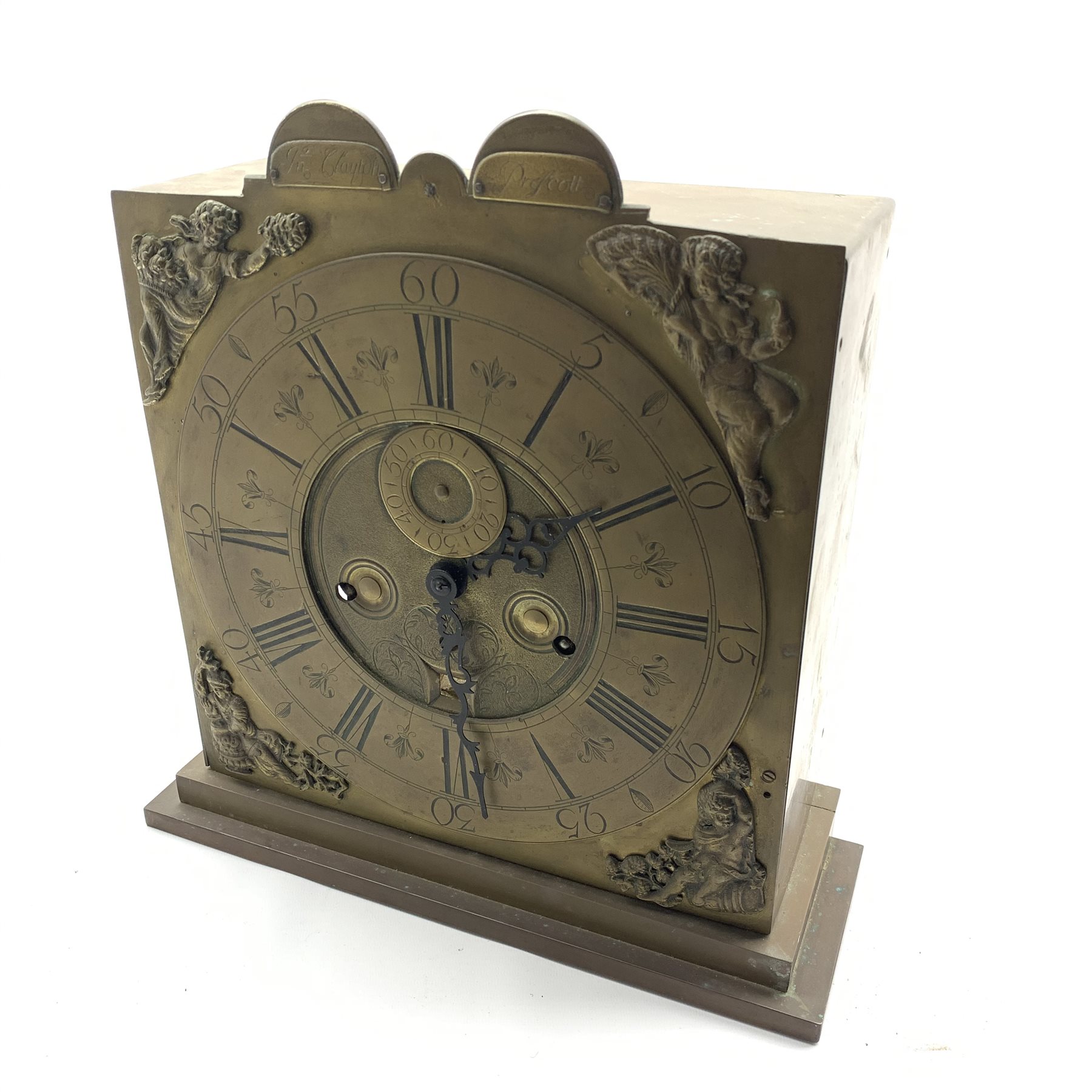 18th century and later brass clock, the dial stamped 'Jn Clayton, Prescott' with Roman numeral and - Image 2 of 3