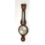 George III style mahogany wheel barometer with inlaid paterae and silvered registers, H97cm