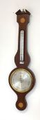 George III style mahogany wheel barometer with inlaid paterae and silvered registers, H97cm