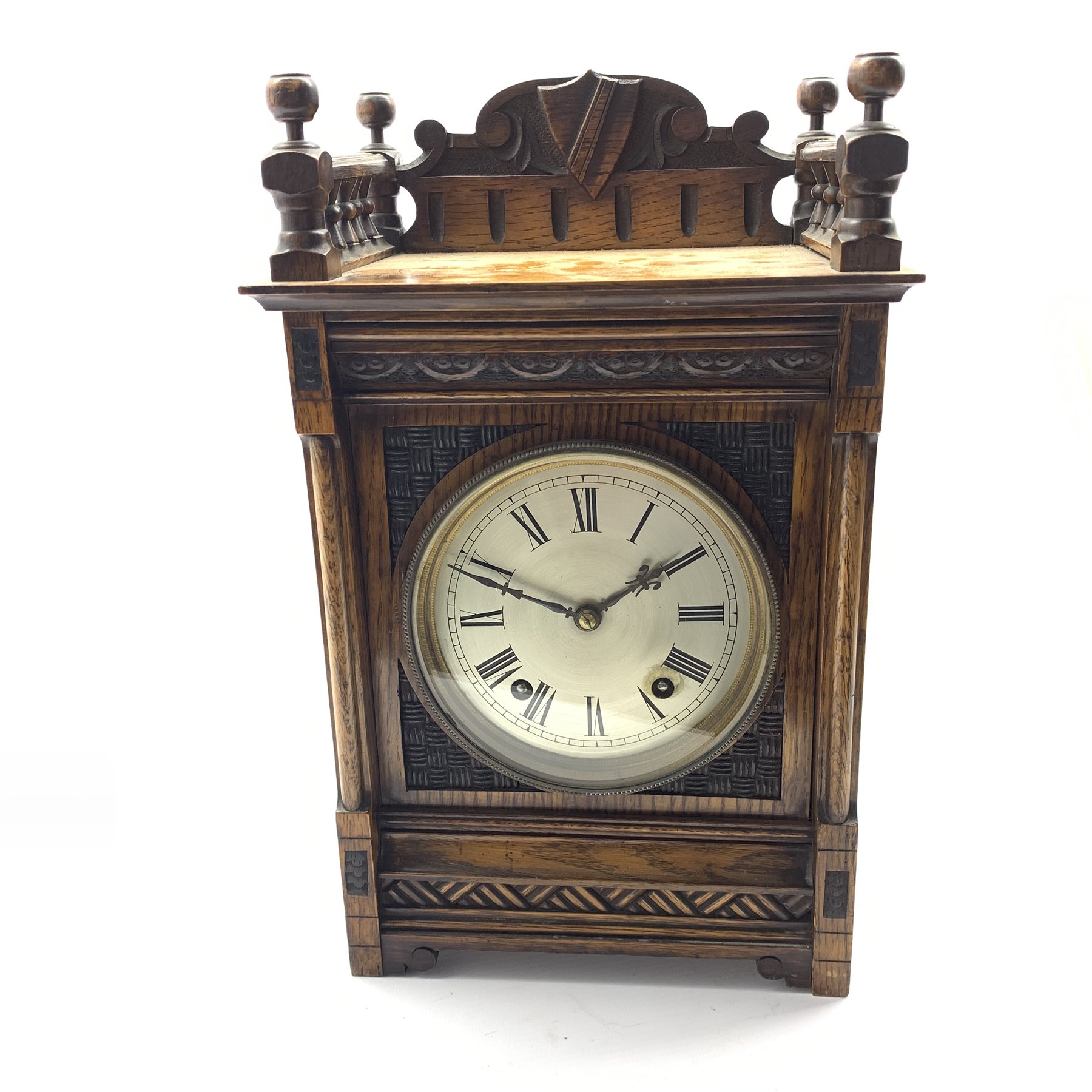 Late 19th century oak cased mantel clock, galleried top with shield and scroll carved raised back, - Image 2 of 4