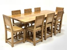 'Eagleman' rectangular oak refectory dining table, adzed top on octagonal shaped supports connected