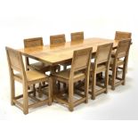 'Eagleman' rectangular oak refectory dining table, adzed top on octagonal shaped supports connected