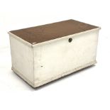 Victorian painted pine blanket box, hinged lid enclosing two drawers and candle box, with content in