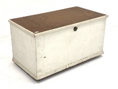 Victorian painted pine blanket box, hinged lid enclosing two drawers and candle box, with content in