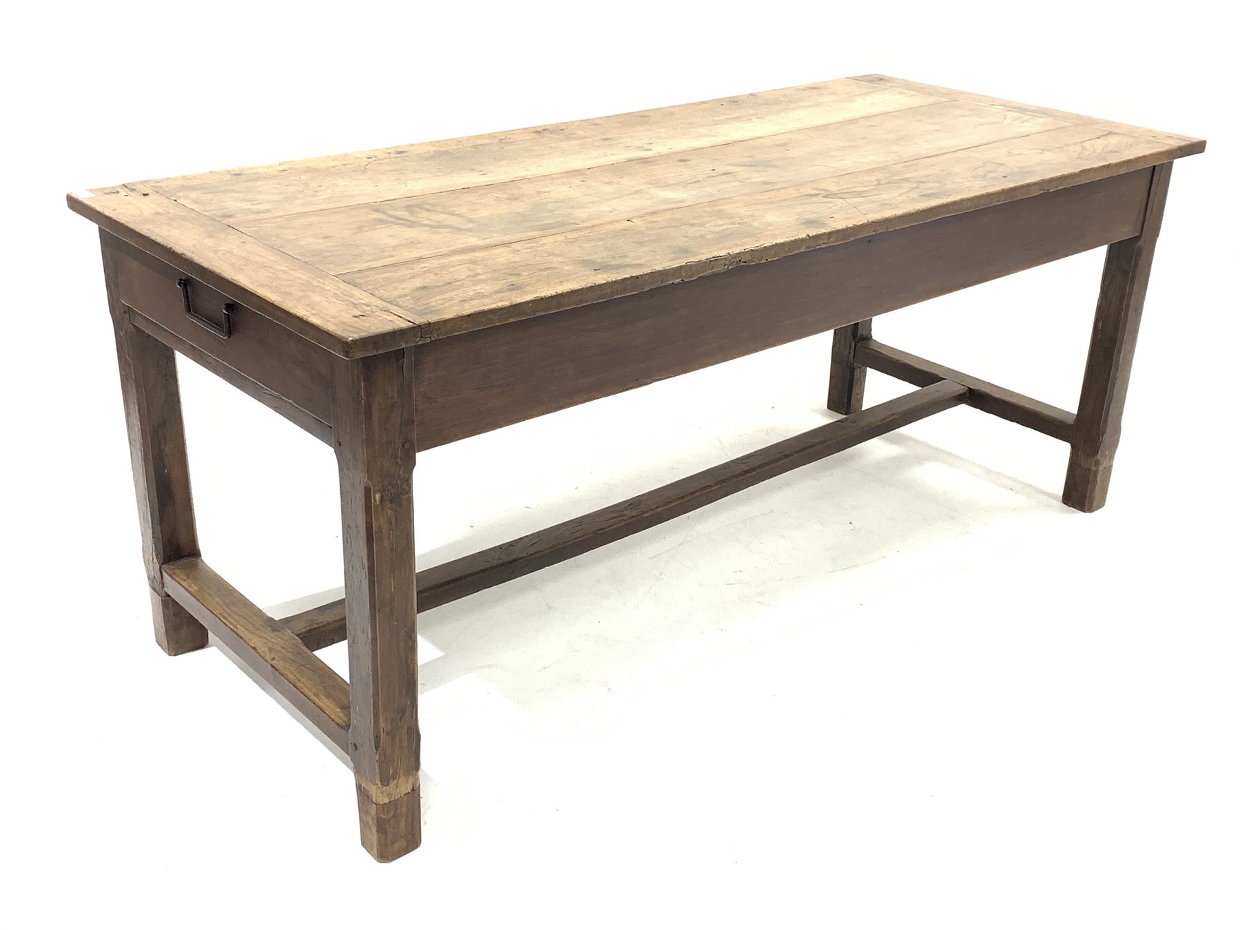 19th century French fruit wood kitchen table, plank top with bread boarded ends, straight supports c