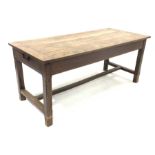 19th century French fruit wood kitchen table, plank top with bread boarded ends, straight supports c