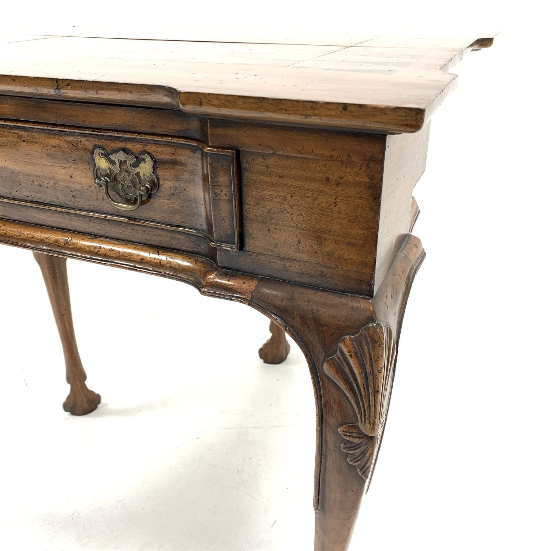 Georgian style mahogany reverse breakfront games table, moulded fold over top with inlaid chess boar - Image 5 of 6