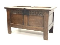 Early 18th century panelled oak coffer, carved frieze, on stile supports, W105cm, H61cm, D49cm