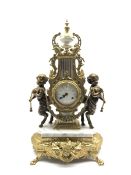 Italian gilt metal and white marble figural mantel clock, ornately decorated case, twin train moveme