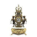 Italian gilt metal and white marble figural mantel clock, ornately decorated case, twin train moveme