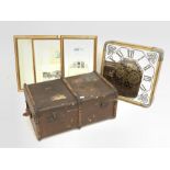 French architectural framed prints, an early 20th century suitcase, cog wall clock with quartz movem