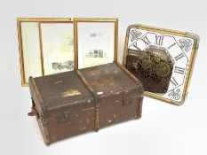 French architectural framed prints, an early 20th century suitcase, cog wall clock with quartz movem