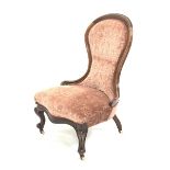 Victorian mahogany spoon back nursing chair, moulded scrolled framed, cabriole front supports, bass