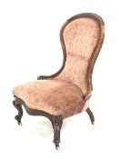 Victorian mahogany spoon back nursing chair, moulded scrolled framed, cabriole front supports, bass