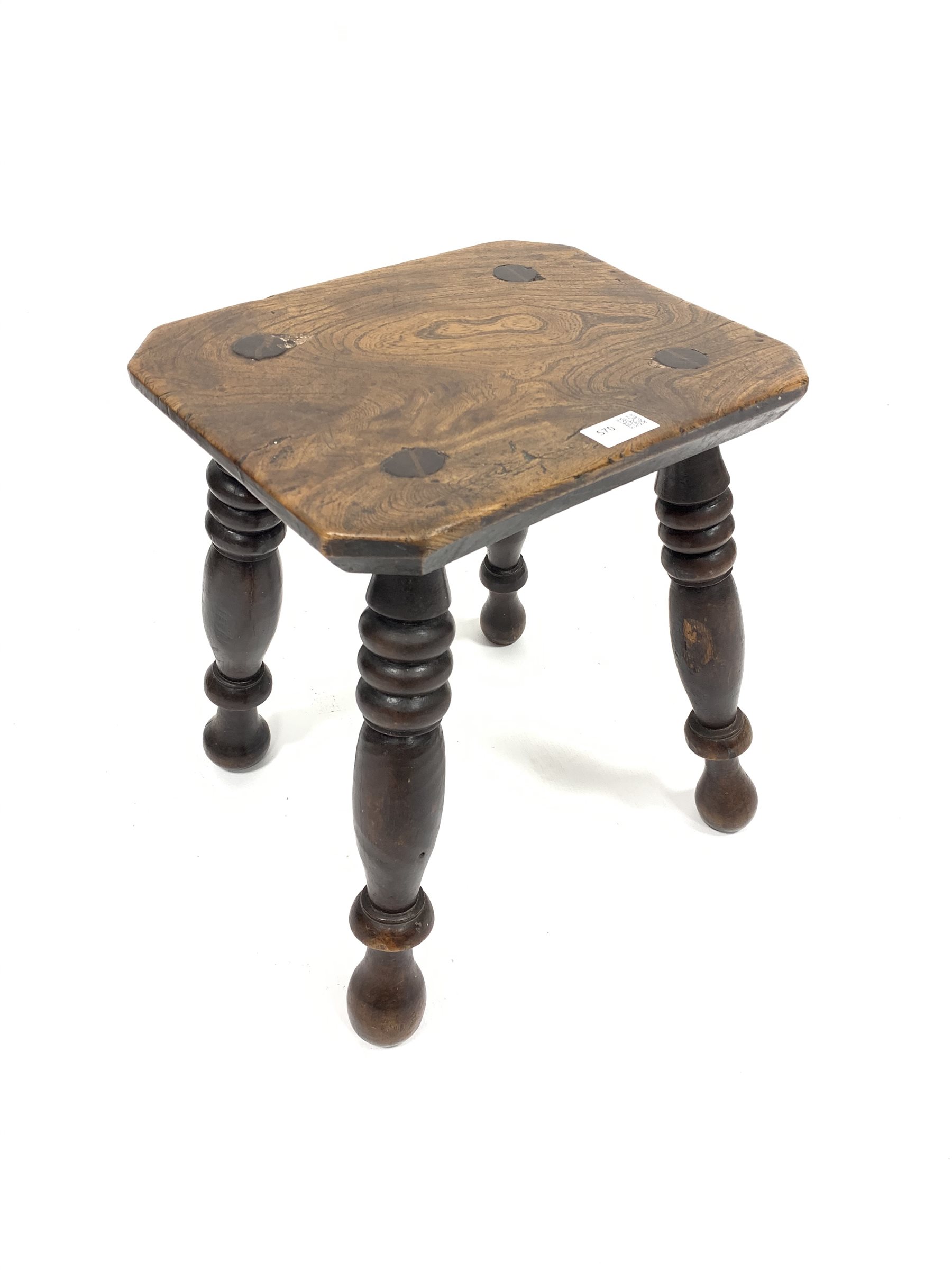 19th century elm top stool on four turned supports, 34cm x 27cm, H40cm - Image 2 of 3