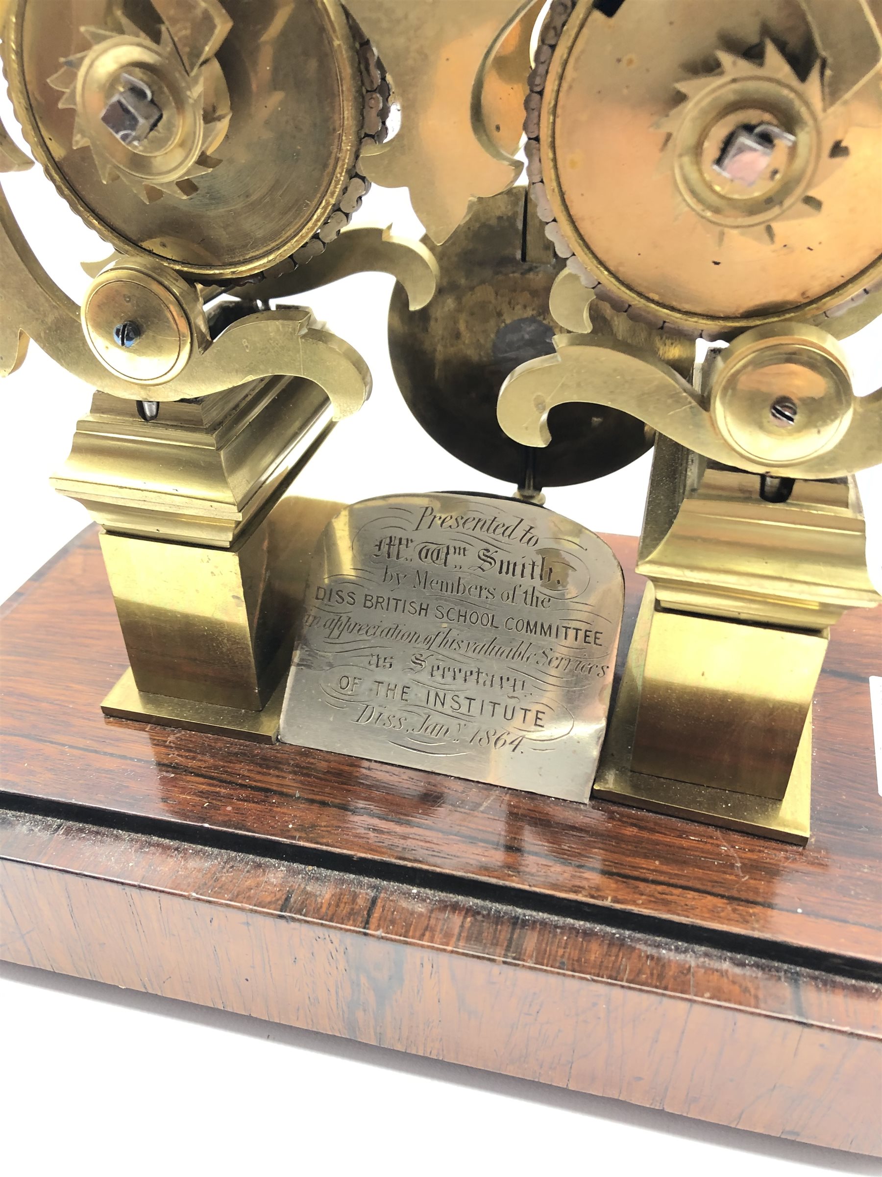 Victorian circa. 1864 brass skeleton clock, twin fusee movement striking on bell, pierced silvered R - Image 3 of 6