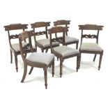 Set six early Victorian mahogany dining chairs, figured cresting rail carved with s scrolls and foli