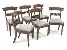 Set six early Victorian mahogany dining chairs, figured cresting rail carved with s scrolls and foli