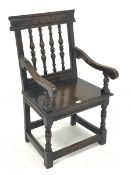Late Victorian 17th century style armchair, turned spindle back with carved cresting rail, moulded p