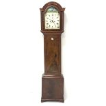 19th century figured mahogany longcase clock, stepped arch hood with fluted columns, enamel dial pai