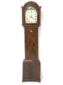 19th century figured mahogany longcase clock, stepped arch hood with fluted columns, enamel dial pai