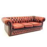 Late 20th century three seat chesterfield sofa upholstered in deeply buttoned red leather, W197cm