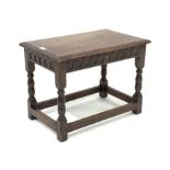 20th century oak joint table, rectangular moulded top on turned supports joined by stretchers, 56cm