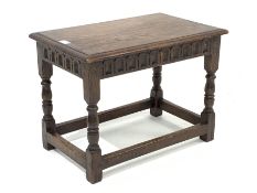 20th century oak joint table, rectangular moulded top on turned supports joined by stretchers, 56cm