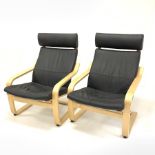 Pair of 'Ikea Poang' lounge chairs with upholstered loose cushions,