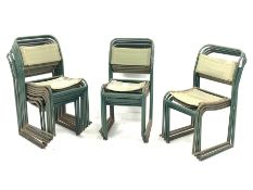 Set eighteen 20th century stacking chairs, green painted metal frames, canvas seat and backs, W46cm