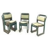 Set eighteen 20th century stacking chairs, green painted metal frames, canvas seat and backs, W46cm