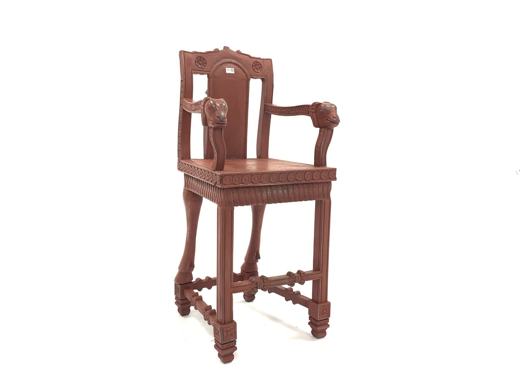 20th century Indo-Persian design carved and painted hardwood high chair, ram head arm terminals, pa