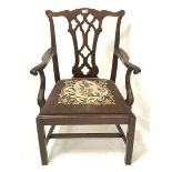 Georgian style mahogany carver armchair, shaped cresting rail over a carved and pierced splat, scrol