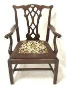 Georgian style mahogany carver armchair, shaped cresting rail over a carved and pierced splat, scrol