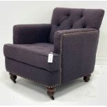 Armchair upholstered in buttoned fabric, turned feet with castors, W70cm, D86cm