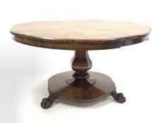 Early Victorian mahogany tilt top breakfast table, shaped chamfered top with segmented starburst fig