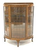 20th century oak display cabinet, shaped front, lead glazed with textured amber colours glass panes,