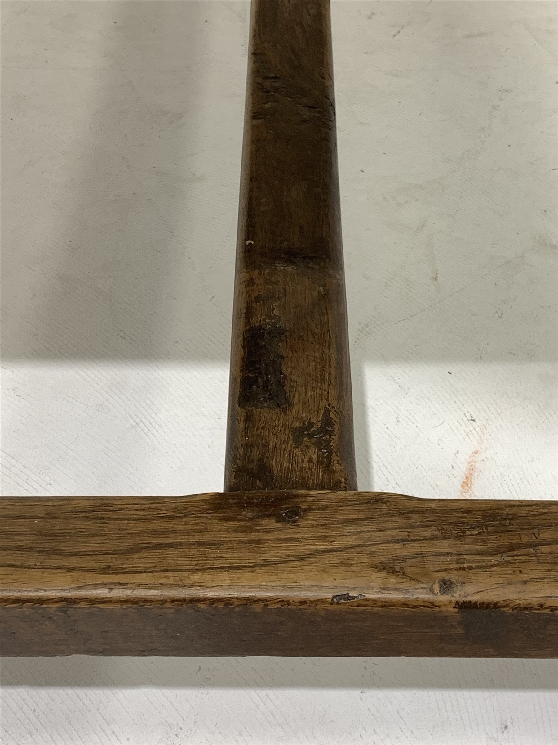 19th century French fruit wood kitchen table, plank top with bread boarded ends, straight supports c - Image 5 of 8