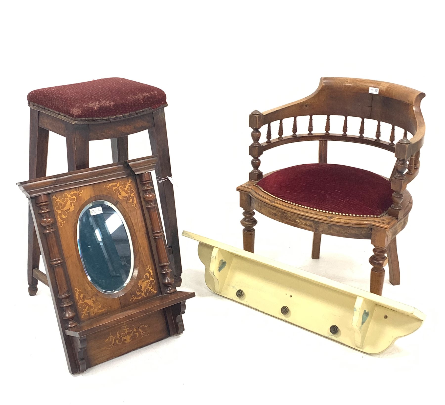 Edwardian walnut tub shaped armchair, 20th century bar stool, Victorian inlaid walnut mirror shelf w