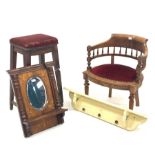 Edwardian walnut tub shaped armchair, 20th century bar stool, Victorian inlaid walnut mirror shelf w