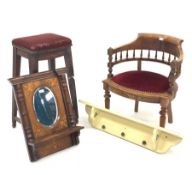 Edwardian walnut tub shaped armchair, 20th century bar stool, Victorian inlaid walnut mirror shelf w