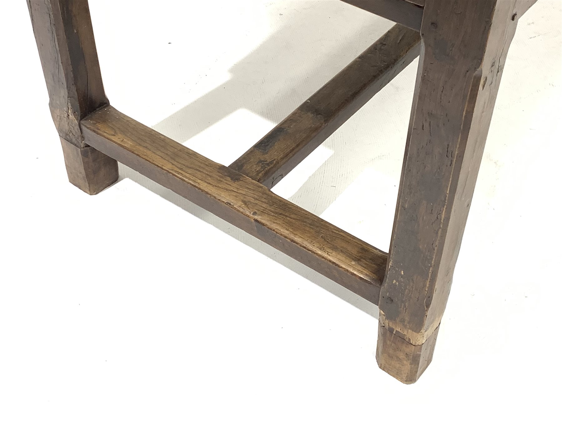 19th century French fruit wood kitchen table, plank top with bread boarded ends, straight supports c - Image 4 of 8