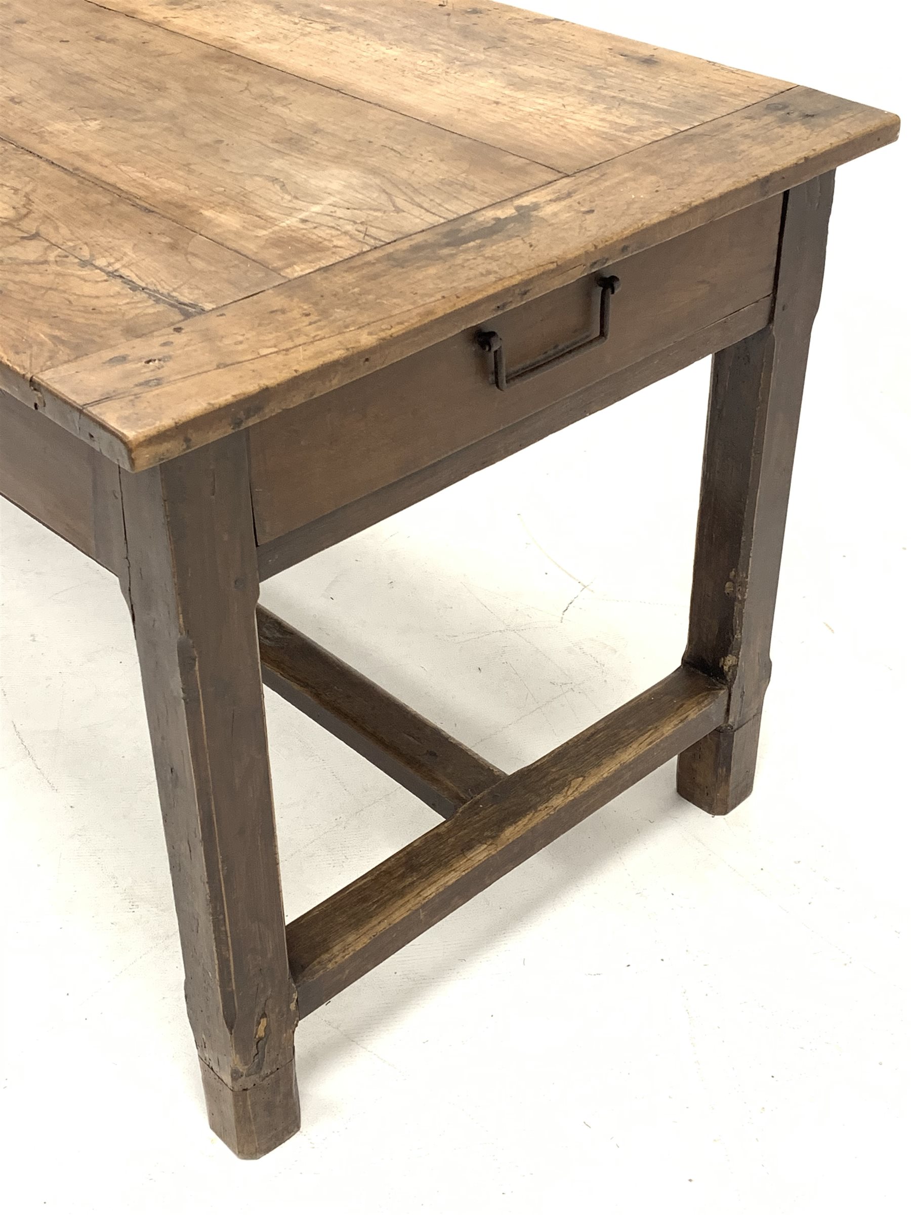 19th century French fruit wood kitchen table, plank top with bread boarded ends, straight supports c - Image 8 of 8