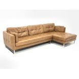 Dwell Furniture - corner sofa upholstered in buttoned tan brown leather on polished metal supports,